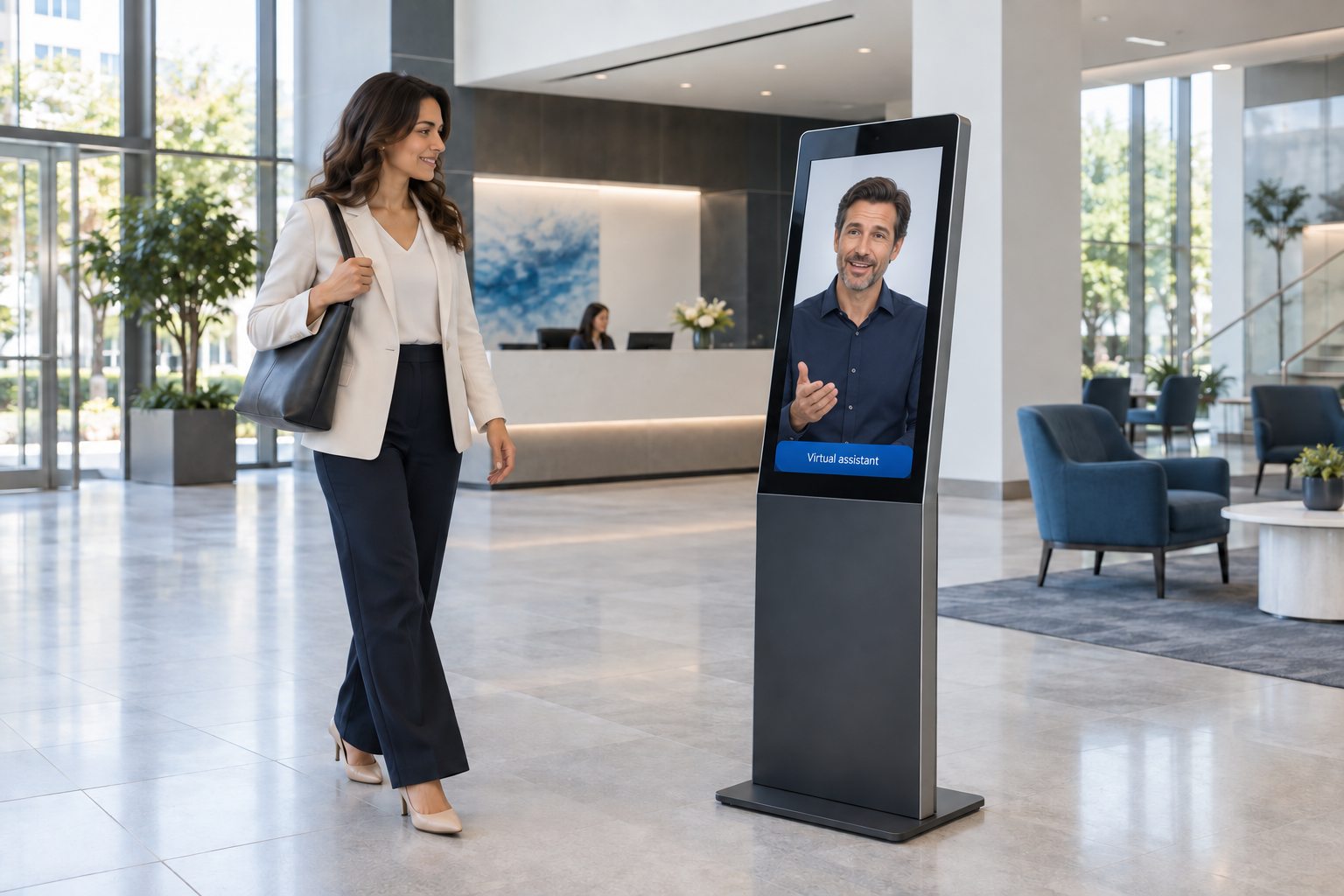Concept of a visitor receiving guidance from a lifelike virtual host on a lobby kiosk screen