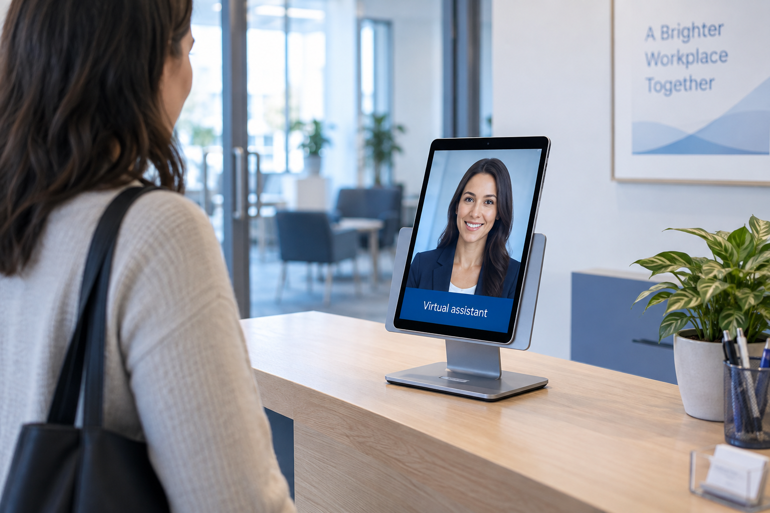 Concept of a tablet in a compact reception desk stand with a lifelike virtual host on screen
